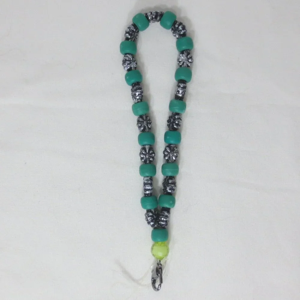 Handmade Stretch Bracelet Green and Silver Beaded Phone Charm Accessory Lanyard